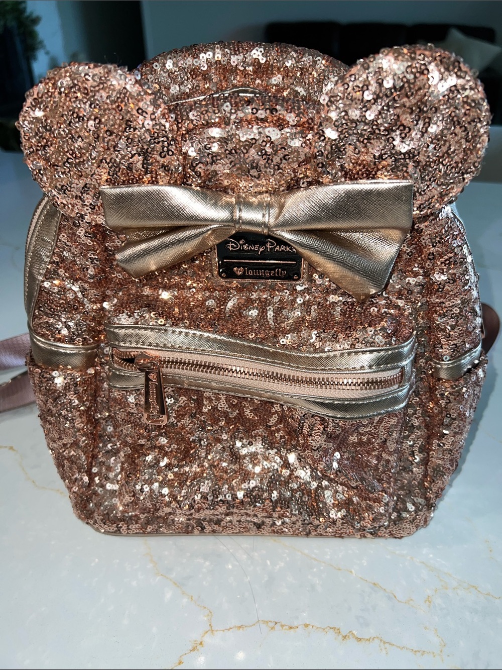 Loungefly Rose Gold Sequin Mini Backpack with Metallic Bow Ears